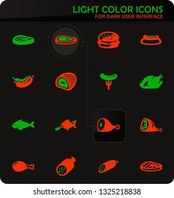 Meat and protein easy color vector icons on dark background for user interface design