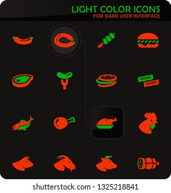 Meat and protein easy color vector icons on dark background for user interface design