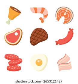Ícones de alimentos de carne e proteína - Conjunto de vetor plano de bife, salsicha, ovo, camarão, bacon e salmão para cozinhar, churrasco, café da manhã e design de ilustração de alimentos