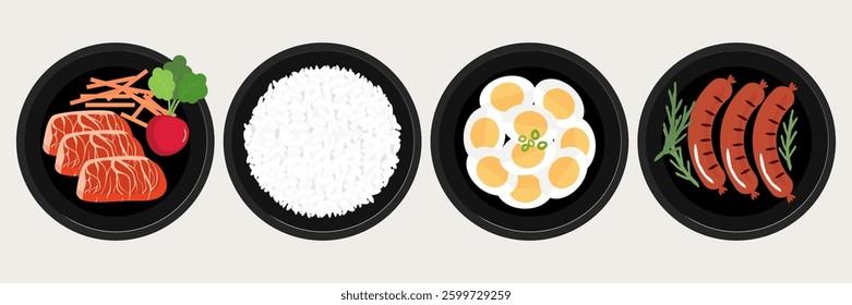 Meat, radish, carrot, rice bowl, egg and sausage icon signs isolated on white background vector.