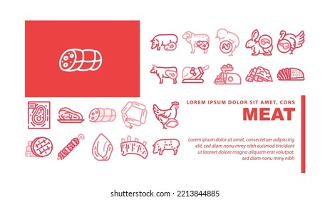 Meat Raw Food Domestic Animal Landing Web Page Header Vector. Rabbit And Mutton, Chick And Chicken, Beef And Turkey Meat For Cooking Delicious Dish Frying Barbeque. Jamon And Hen Color Illustrations