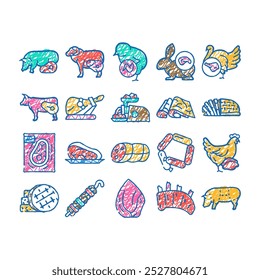 meat raw food domestic animal doodle icons set vector. sketch line art rabbit and mutton, chick and chicken, beef and turkey meat for cooking delicious dish frying barbeque. hen color illustrations