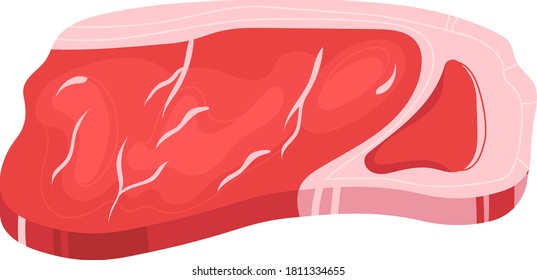 Meat red steak, beef fillet, barbecue chop, raw bossy slice, cut pork, isolated on white, design, flat style vector illustration. Fresh ingredient, pork menu, portion roast, close-up background.