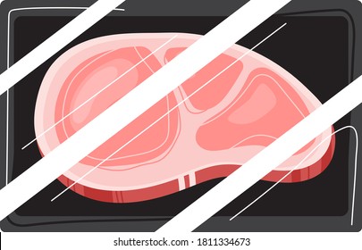 Meat red steak, beef fillet, barbecue chop, raw bossy slice, cut pork, isolated on white, design, flat style vector illustration. Fresh ingredient, pork menu, portion roast, close-up background.