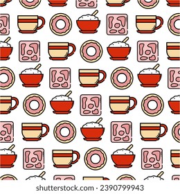 "Meat, rice bowl, cup and donut pattern" is a design asset that features a repeating pattern on meat, rice bowl, cup and donut. This asset is perfect for creating food-related graphic menu designs