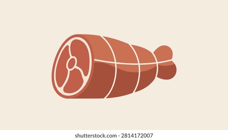 Meat roast joint tied with string showing marbled texture inside on a soft beige background in cartoon flat illustration.