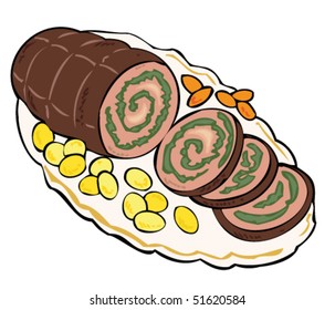 Meat roulade with carrots and potatoes.