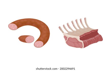 Meat with Salami Wurst and Beef Rib as Foodstuff from Butchery Vector Set