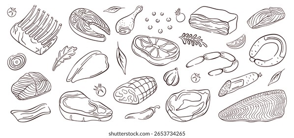 Carne e peixe de salmão conjunto com bife, salsicha, baqueta, bacon, filé, vegetal, ervas e especiarias em estilo de arte de linha. Perfeito para embalagem, menu de restaurante e design temático culinário.