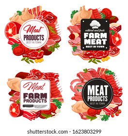 Meat and sausage, butcher shop. Vector frame of sausages, pork and beef, salami and ham, chicken or turkey poultry, seasonings. Steaks and bacon, gammon, mutton, lettuce leaves and tomatoes