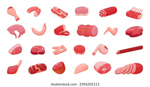 Meat and sausage cartoon fresh farm goods. Butchery shop or steakhouse menu food, meats market. Isolated bbq raw ingredients neoteric vector set