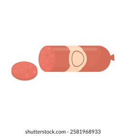 Meat sausage in cartoon style on a white background isolated. Sliced ​​pieces of sausage. Junk food.