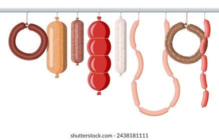 Meat sausage collection. Cut sausage slices with fat. Boiled smoked meat product. Delicatessen gastronomic product of beef, pork or chicken. Pepperoni or salami. Vector illustration in flat style