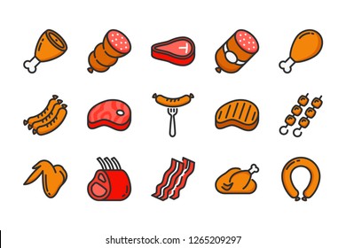 Meat and sausage color line icons. Steak and salami vector linear colorful icon set. Isolated icon collection on white background.