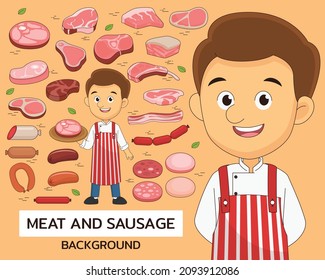 Meat and sausage concept background. Flat icons.