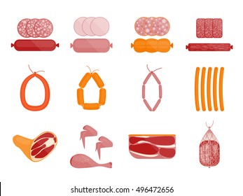 Meat and Sausage Flat Icon Set. Salami Slices. Cartoon Design Style. Vector illustration of Assortment Variety of Food Delicious Meat Icons like Chicken Meats, Ravioli, Sausages, Meal, for Shop  