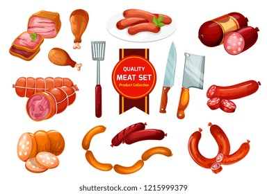 Meat sausage with ground beef and pork. Ham, chicken leg and bacon, smoked salami, wurst and frankfurter vector icons with slices and butcher knives. Meat shop, barbeque store or butchery design