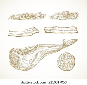 Meat and Sausage Hand Drawn Doodle Vector Illustrations Set. Jamon Leg, Bacon and Salami Sketch Style Drawings Collection. Isolated