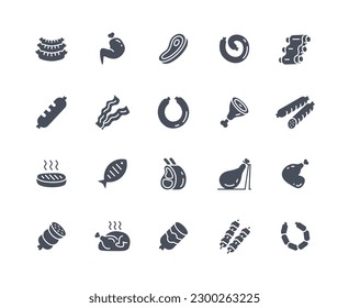 Meat and sausage icons black set. Fish and bacon, pork and beef, chicken and turkey. Cafe or restaurant menu, outdoor picnic. Barbecue and BBQ. Flat vector collection isolated on white background