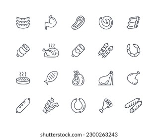 Meat and sausage icons outline set. Pork or beef steak, chicken and turkey. Hot meat on grill. Barbecue and outdoor picnic. Tasty fast food. Flat vector collection isolated on white background