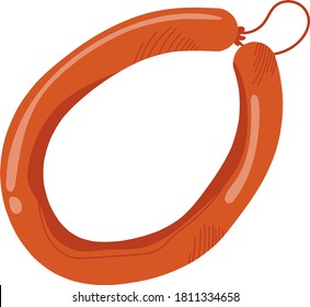 Meat sausage with label, delicious grilled food, fresh pork sausages, design cartoon style vector illustration, isolated on white. Food preparation, object close-up, foodstuffs, rugged red packaging.
