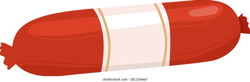 Meat sausage with label, delicious grilled food, fresh pork sausages, design cartoon style vector illustration, isolated on white. Food preparation, object close-up, foodstuffs, rugged red packaging.