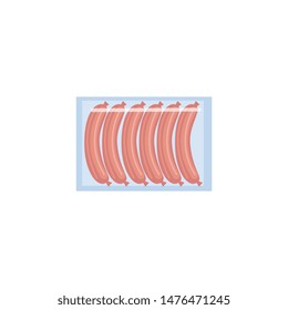 Meat sausage package isolated on white background, row of six raw hotdogs in clear plastic packaging in flat cartoon style - fresh fast food vector illustration