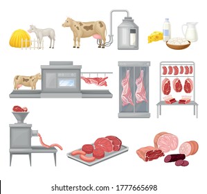 Meat and Sausage Products Automated Factory Production Line Process Vector Set