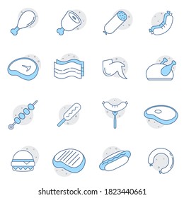 Meat and sausage related flat icon set. Modern outline style icons collection. Perfect vector graphics