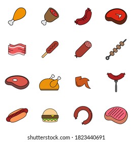 Meat and sausage related flat icon set. Modern outline style icons collection. Vector illustration in trendy style isolated on white background.