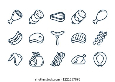 Набор значков линии с мясом и колбасой.