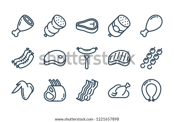 Meat and sausage related line icon set.\
Steak and Barbecue vector outline\
icons.