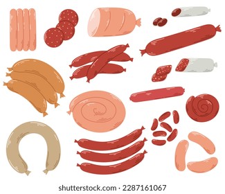 Meat sausage set. Assortment of beef, pork and chicken sausages. Grilled sausage, salami, sausage ring, ham meat collection. Grocery meat isolated, vector illustration