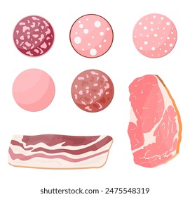 Meat sausage slice set. Cut sausage slices with fat. Boiled smoked meat bacon ham product. Delicatessen gastronomic product of beef pork chicken. Pepperoni salami. Vector illustration flat style