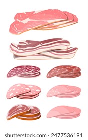 Meat sausage slice set. Cut sausage slices with fat. Boiled smoked meat bacon ham product. Delicatessen gastronomic product of beef pork chicken. Pepperoni salami. Vector illustration flat style