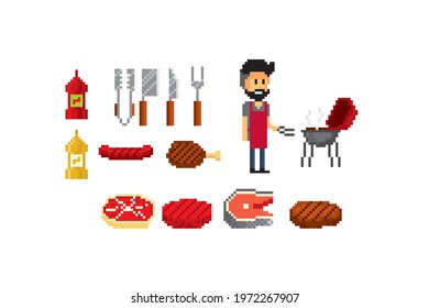 Meat, sausage, steak, pork, beef, chicken, fish, grill, knife, fork, ketchup, mustard. Barbecue icons set. Pixel icon. Pixel art. Old school computer graphic. 8 bit video game. Game assets 8-bit.