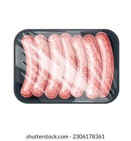 Meat sausage in supermarket styrofoam package vector illustration. Cartoon isolated fresh raw or frozen frankfurter portions in plastic tray wrapped in polyethylene, sausage pack from supermarket menu