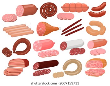 Meat sausages assortment concept. Chicken, beef, pork, lam sausages, salami, meat hot dogs. Ingredient slice, cooking salami, barbecue delicatessen. Set of flat vector illustrations isolated on white