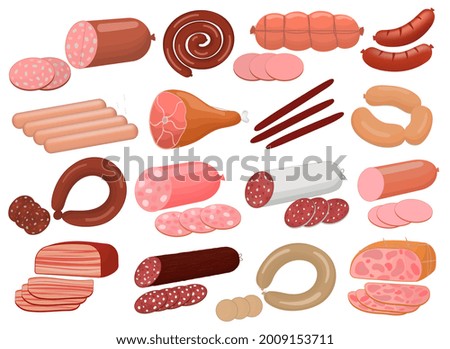 Meat sausages assortment concept. Chicken, beef, pork, lam sausages, salami, meat hot dogs. Ingredient slice, cooking salami, barbecue delicatessen. Set of flat vector illustrations isolated on white