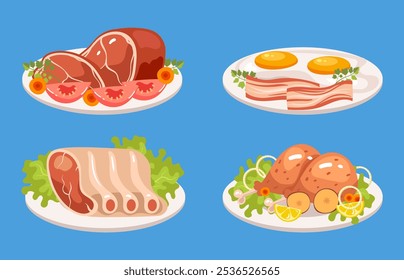 Meat sausages, bacon, steak, leg, chicken, wings, ribs, vegetables dish seafood meal isolated set. Cooking ingredient restaurant menu concept. Vector cartoon graphic design element illustration	