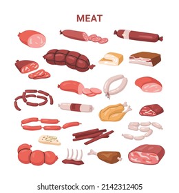 Meat and sausages, butchery products cartoon set. Vector in flat style, poultry and pork fat, poultry chicken grilled wings, beef and mutton. Ribs and salami, pork and bacon, ham and turkey chicken