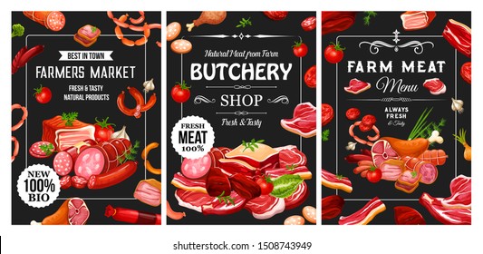 Meat and sausages, butchery shop and farmer market delicatessen products. Vector pork, salami and sausage, beef steak or ham and bacon, lamb filet and mutton ribs with chicken brisket