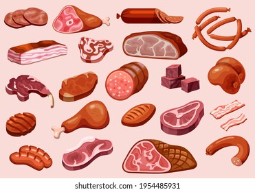 Meat and sausages, butchery shop food products set