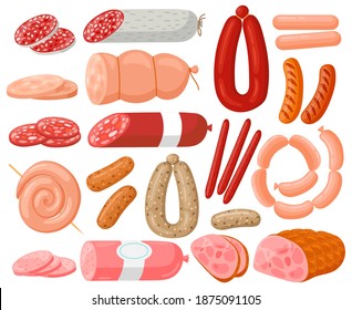Meat sausages. Cartoon chicken, pork, beef sausages and salami sausages, grocery meat hot dogs. Sausages assortment vector illustration set. Ingredient slice, cooking salami, barbecue delicatessen