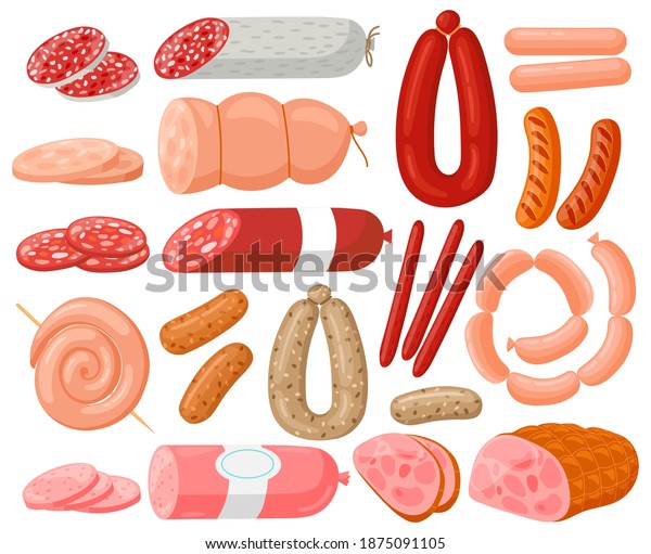 Meat sausages. Cartoon chicken, pork, beef\
sausages and salami sausages, grocery meat hot dogs. Sausages\
assortment vector illustration set. Ingredient slice, cooking\
salami, barbecue\
delicatessen