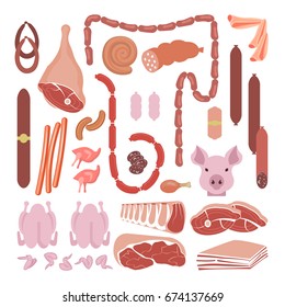 Meat and sausages collection isolated on white background. Vector illustration eps 10