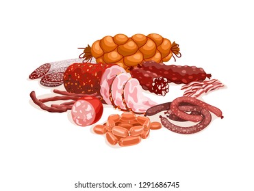 Meat And Sausages Composition. Set Of Fresh And Prepared Meat Products. Beef, Pork, Chorizo And Salami Sausages. Realistic Vector Illustration Isolated On White Background.