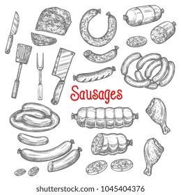 Meat And Sausages Delicatessen Sketch Icons. Vector Isolated Pepperoni, Cervelat Or Salami Sausage Bunch, Curry Wurst Or Organic Pork Bacon Brisket And Chicken Wing Or Leg For Culinary Or Butcher Shop