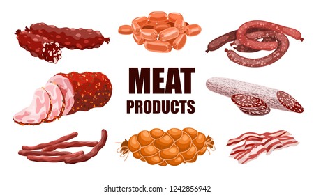 Meat And Sausages Design Elements. Set Of Fresh And Prepared Meat Products. Beef, Pork, Chorizo And Salami Sausages. Realistic Vector Illustration Isolated On White Background.