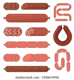 Meat sausages. Flat design pork and beef sausages, salami sausages and hot dogs. Sausages assortment flat desinn vector illustration set.
